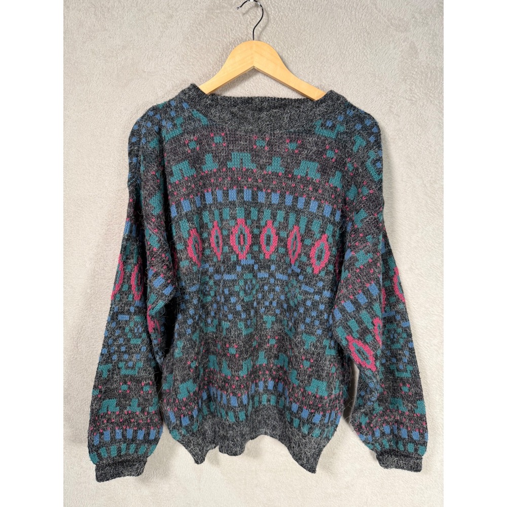 Vintage Le Tigre Mens Large Gray Geometric Knit Crewneck Sweater Made in USA 80s